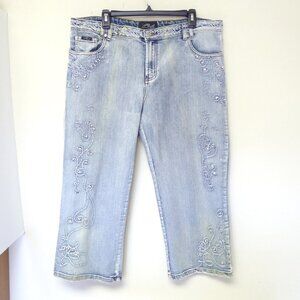 Platinum Plush acid wash cropped embroidered rhinestone wide leg jeans size 17